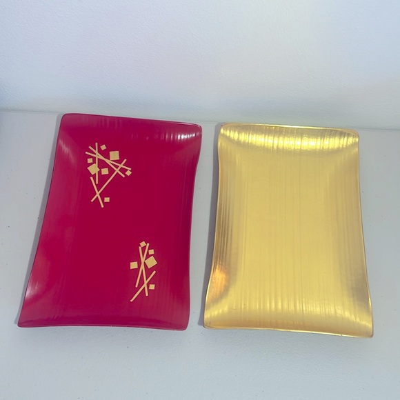 Vtg Zohiko Lacquerware Bamboo Skin Plates 2 Red & Gold Tea Ceremony Dried Sweets - Picture 6 of 7